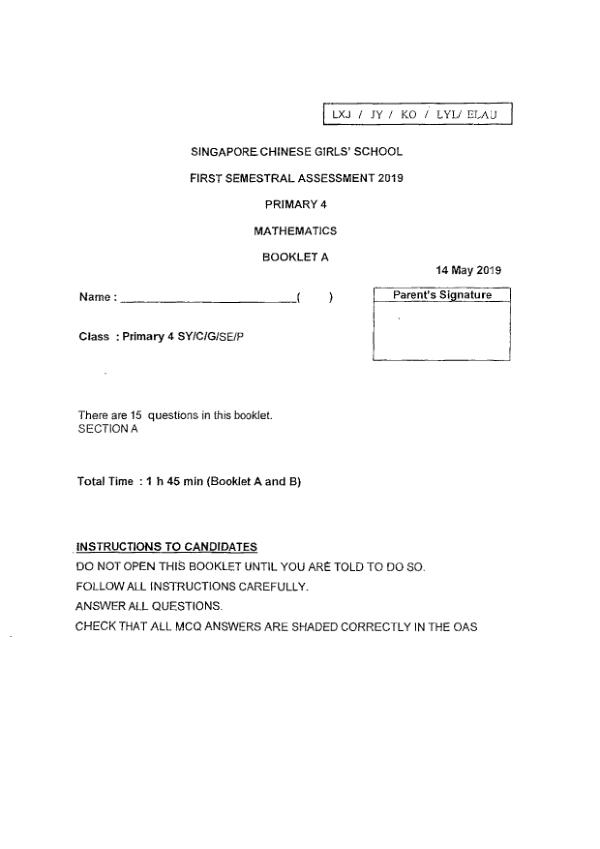 First page preview of P4 Math 2019 WA2 — Singapore Chinese Girls