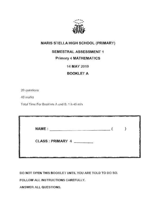 First page preview of P4 Math 2019 WA2 — Maris Stella High