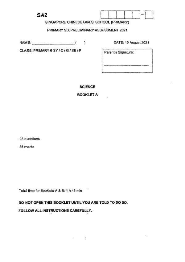 Singapore Chinese Girls P6 Sci SA2 2021 exam paper PDF preview