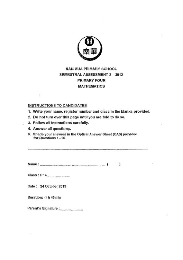 Nan Hua P4 Math SA2 2013 exam paper PDF first page preview