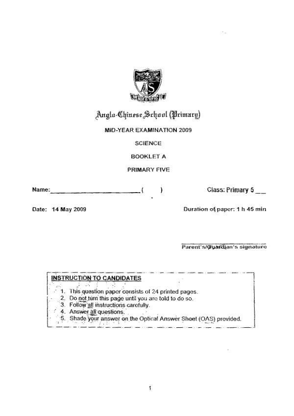 Anglo Chinese P5 Sci WA2 2009 exam paper PDF preview