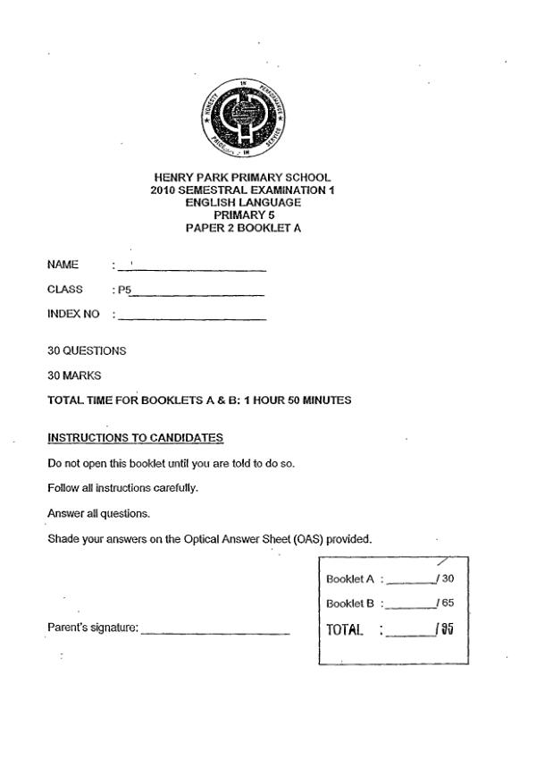 Henry Park P5 Eng WA2 2010 exam paper PDF preview