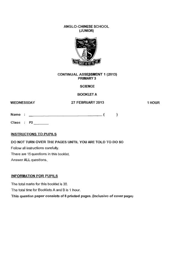 Anglo Chinese P3 Sci WA1 2013 exam paper PDF preview