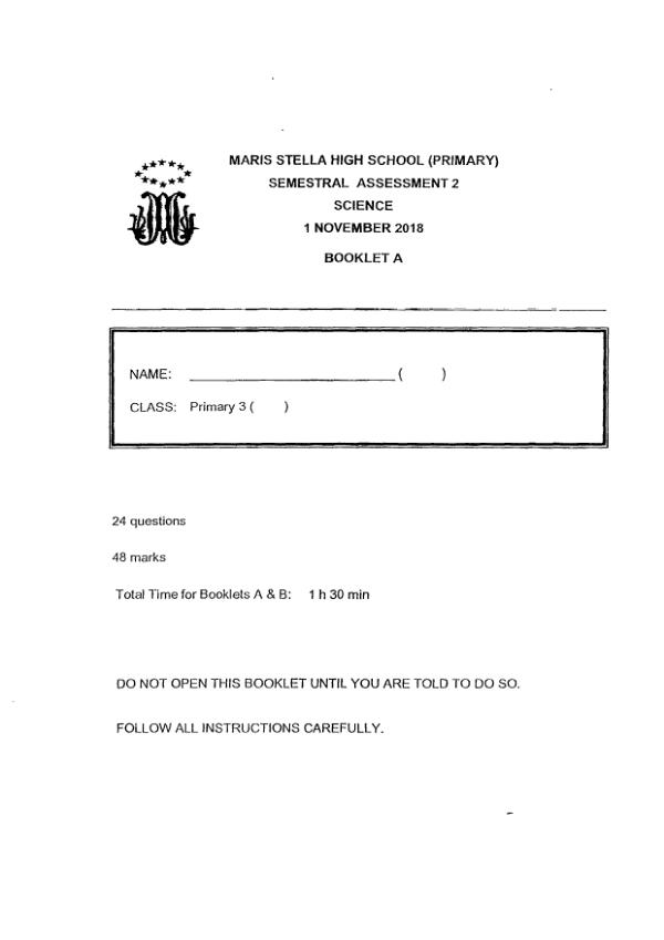 Maris Stella High P3 Sci SA2 2018 exam paper PDF first page preview