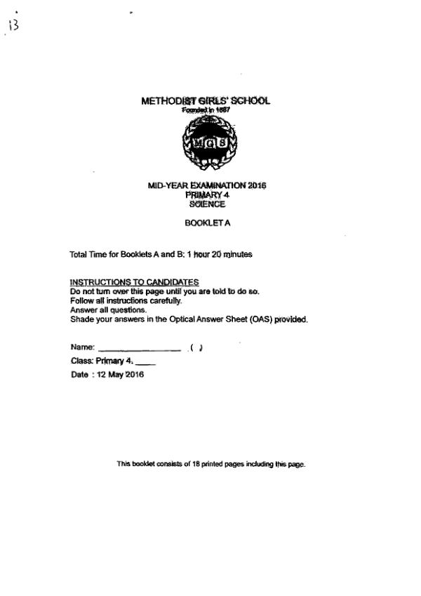 Methodist Girls P4 Sci WA2 2016 exam paper PDF first page preview
