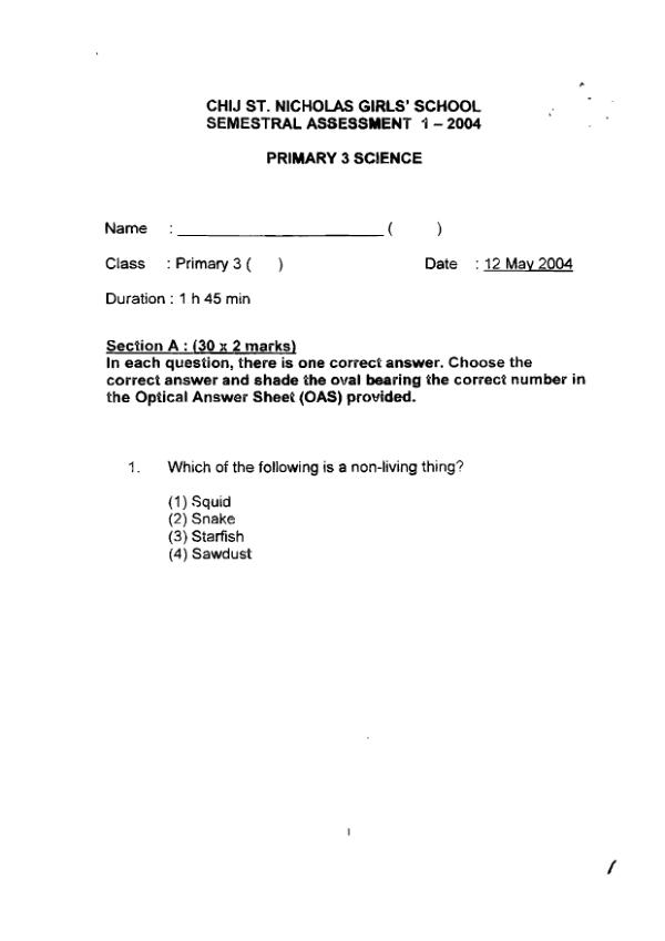CHIJ P3 Sci WA2 2004 exam paper PDF preview