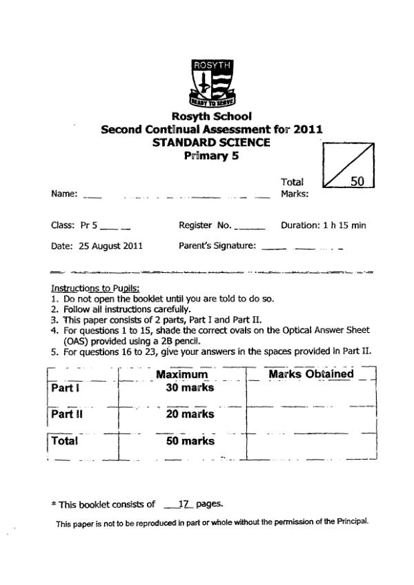 Rosyth P5 Sci WA3 2011 exam paper PDF preview
