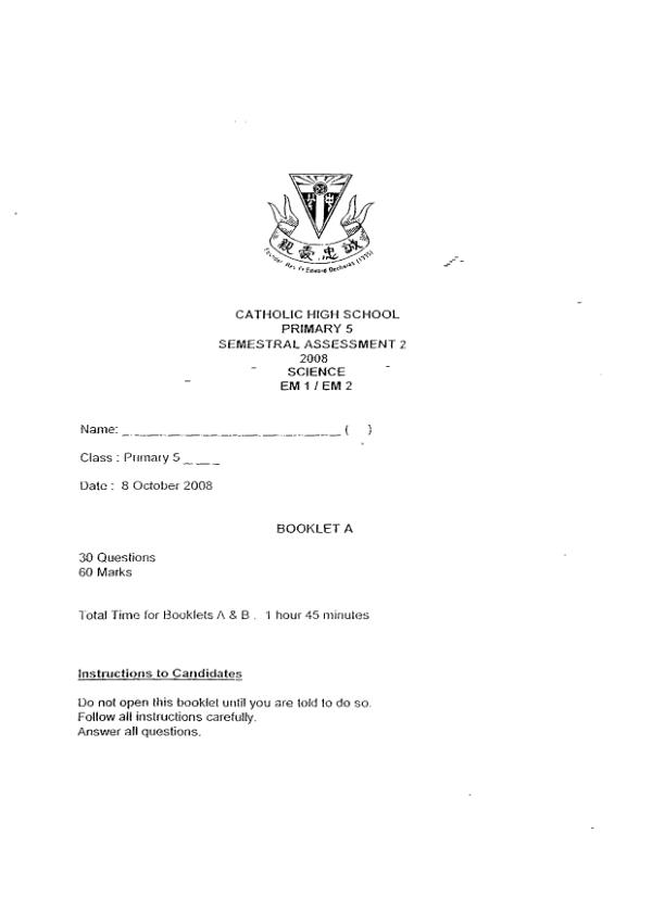 Catholic High P5 Sci SA2 2008 exam paper PDF preview