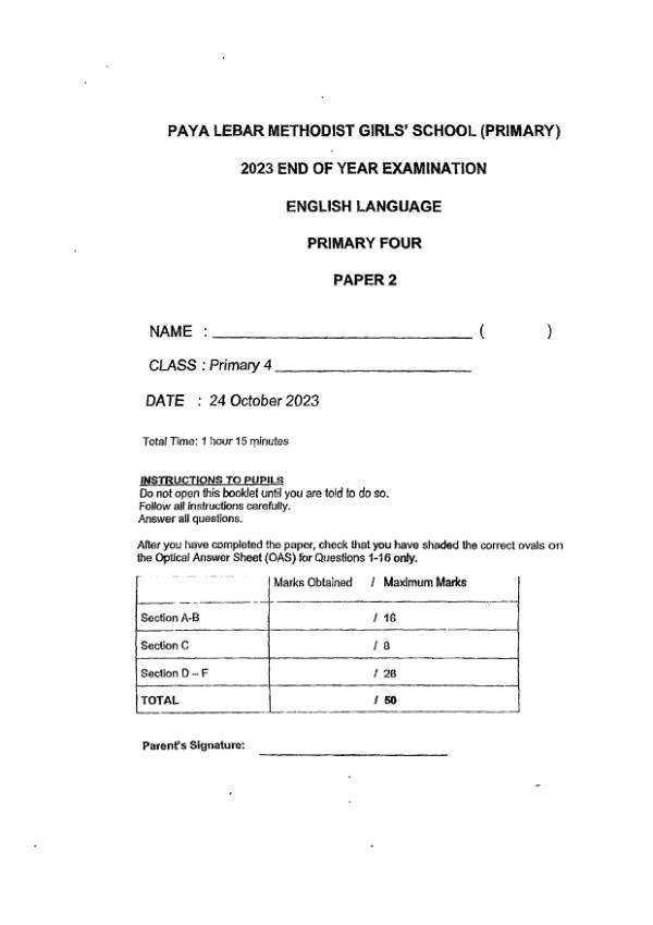 Methodist Girls P4 Eng SA2 2023 exam paper PDF preview