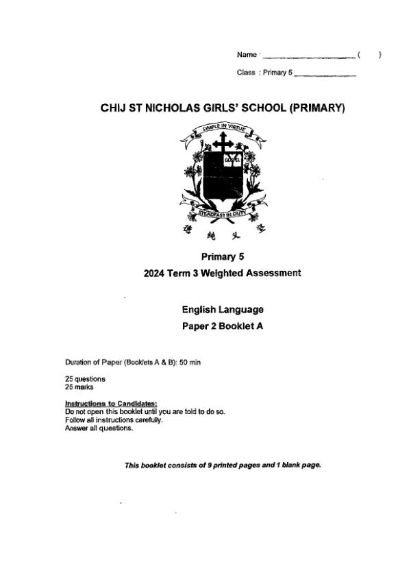 First page preview of P5 Eng 2024 WA3 — CHIJ