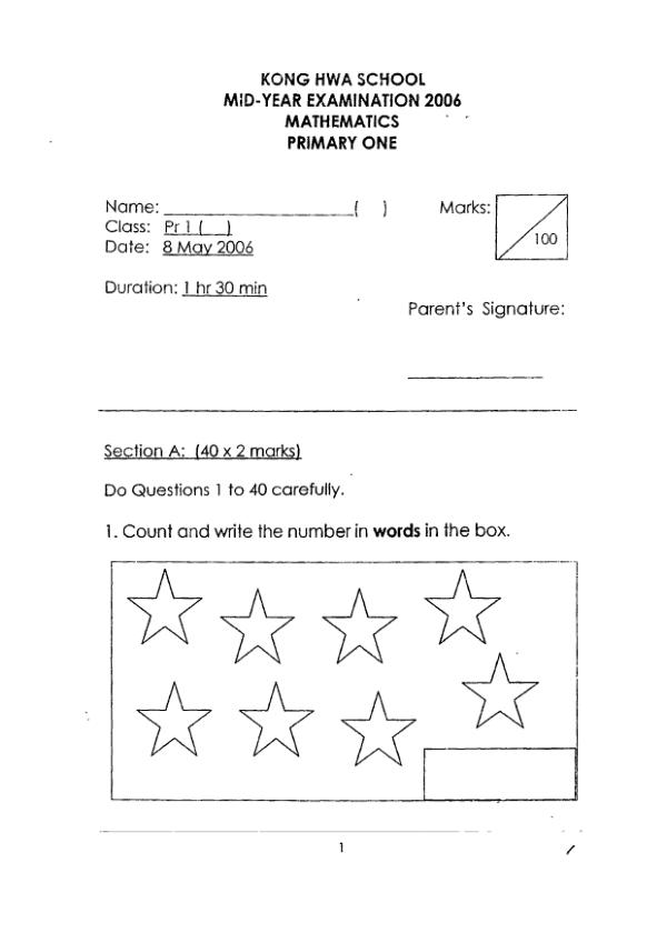 Kong Hwa P1 Math WA2 2006 exam paper PDF first page preview