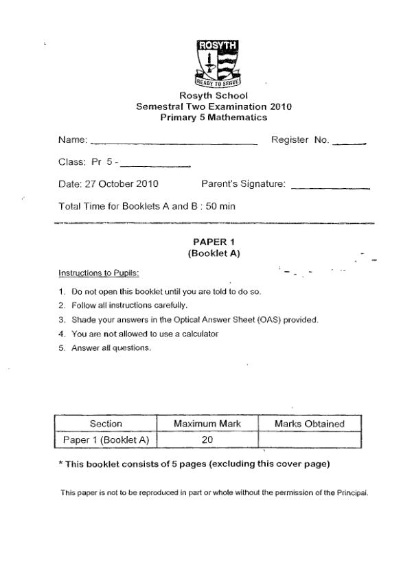 Rosyth P5 Math SA2 2010 exam paper PDF preview