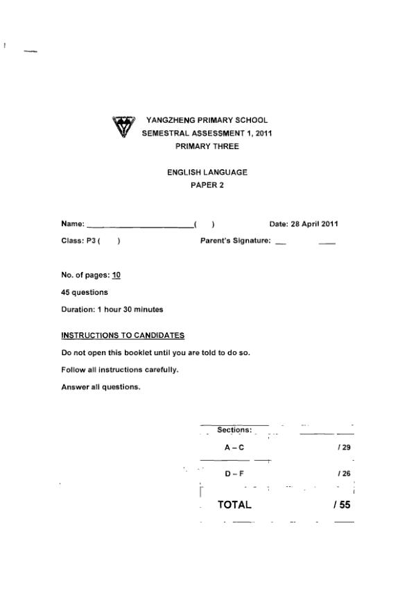 Yang Zheng P3 Eng WA2 2011 exam paper PDF preview
