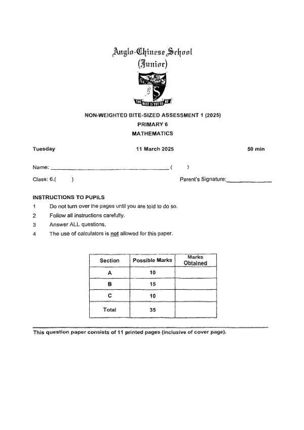 First page preview of P6 Math 2025 WA1 — Anglo Chinese