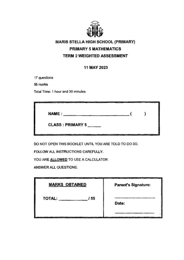 First page preview of P5 Math 2023 WA2 — Maris Stella High