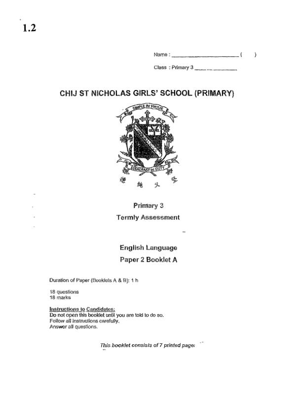 CHIJ P3 Eng WA1 2023 exam paper PDF first page preview