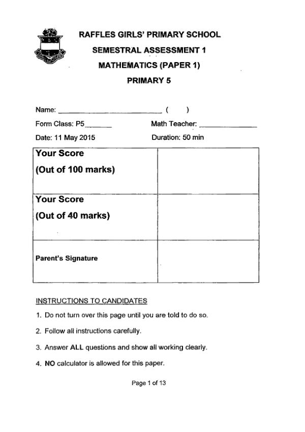 First page preview of P5 Math 2015 WA2 — Raffles Girls