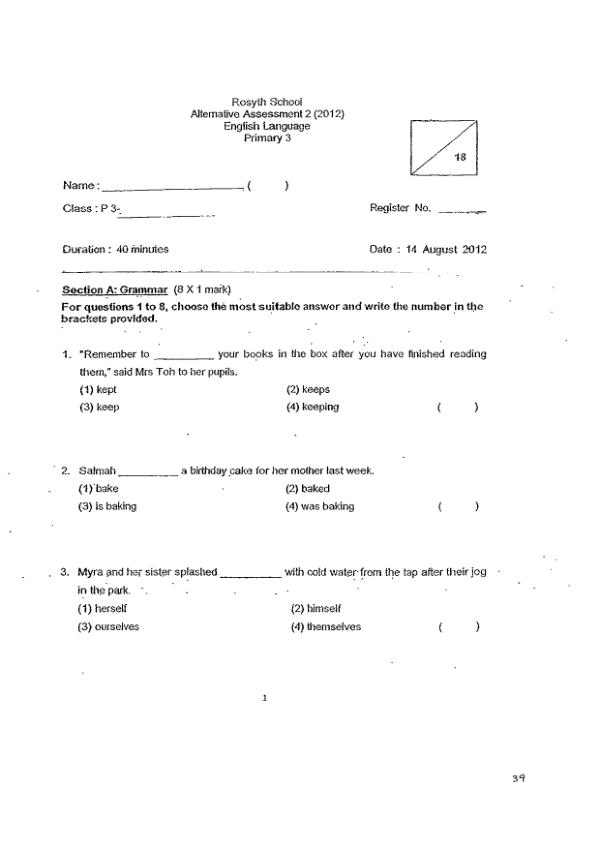 Rosyth P3 Eng WA3 2012 exam paper PDF first page preview