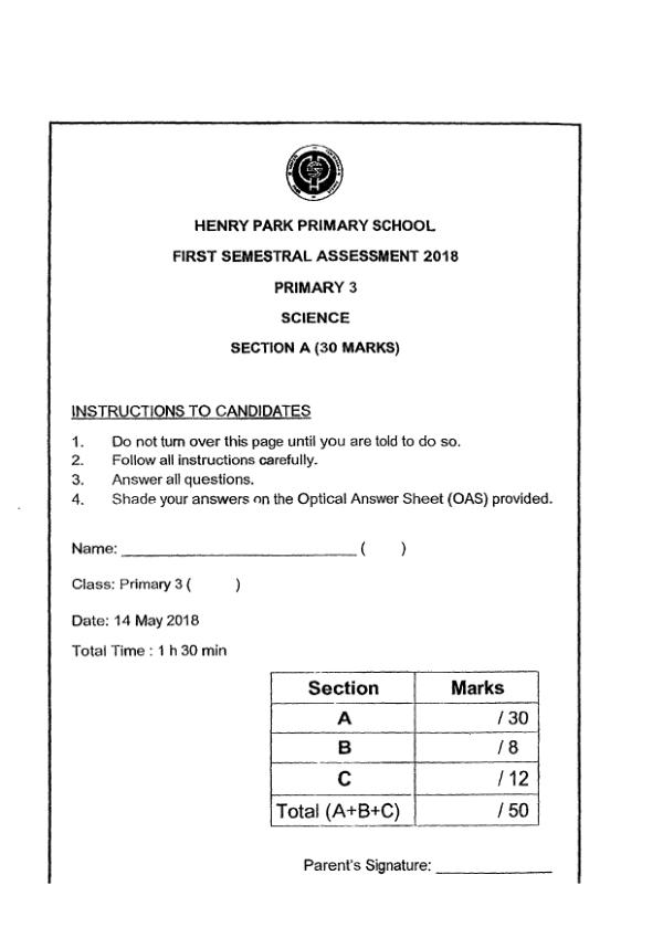 Henry Park P3 Sci WA2 2018 exam paper PDF first page preview