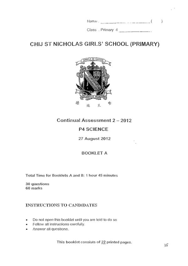 CHIJ P4 Sci WA3 2012 exam paper PDF first page preview