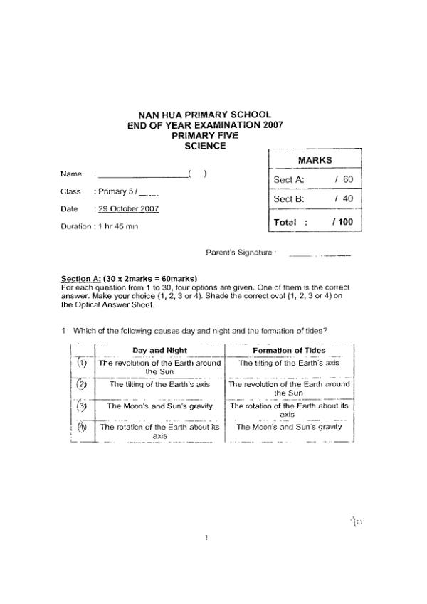Nan Hua P5 Sci SA2 2007 exam paper PDF preview