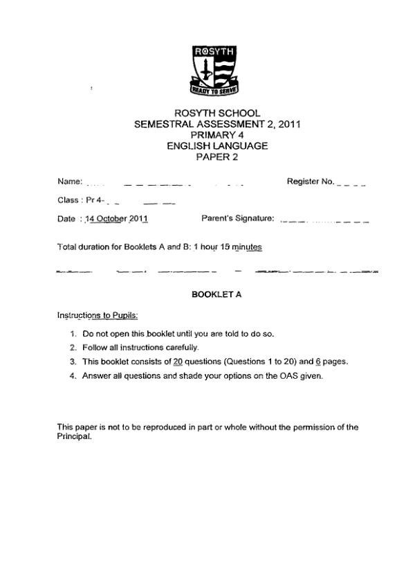 Rosyth P4 Eng WA2 2011 exam paper PDF first page preview