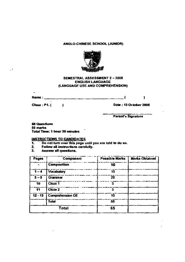 Anglo Chinese P1 Eng SA2 2008 exam paper PDF preview