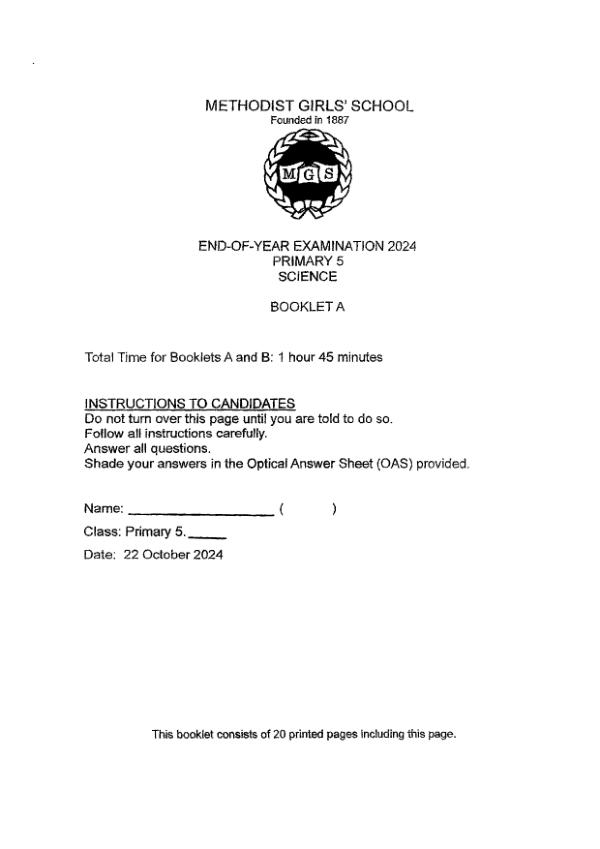 First page preview of P5 Sci 2024 SA2 — Methodist Girls