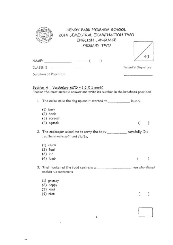 Henry Park P2 Eng SA2 2014 exam paper PDF preview
