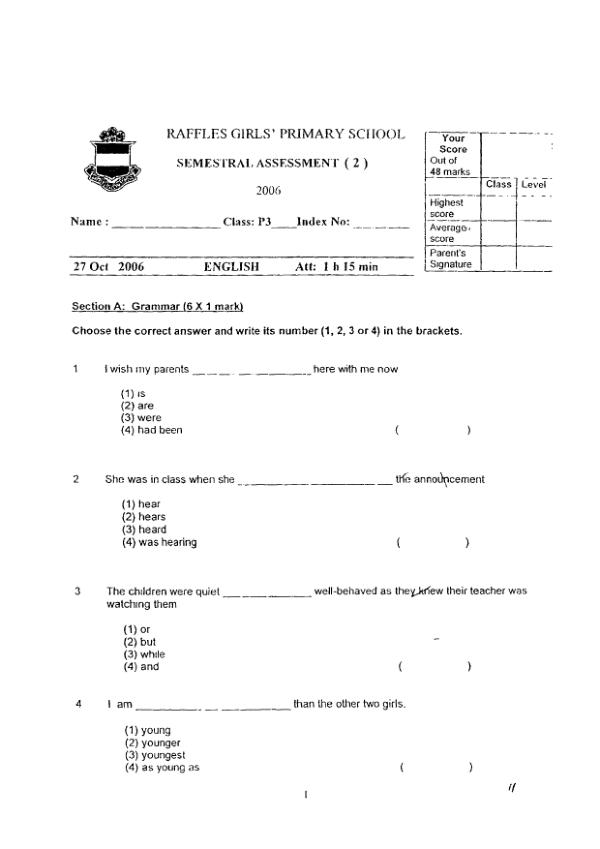 Raffles Girls P3 Eng SA2 2006 exam paper PDF preview