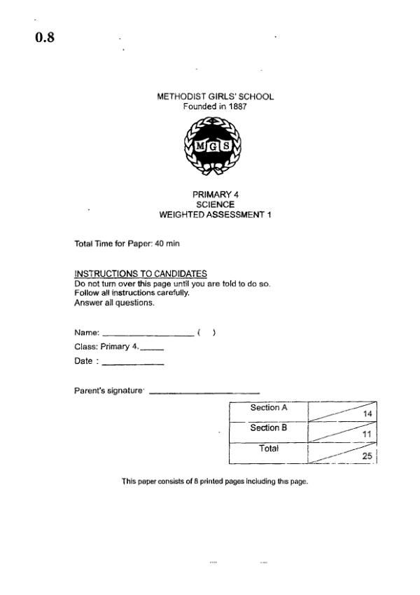 Methodist Girls P4 Sci WA2 2023 exam paper PDF first page preview