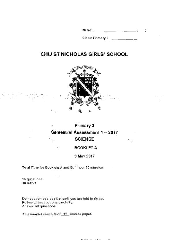CHIJ P3 Sci WA2 2017 exam paper PDF preview