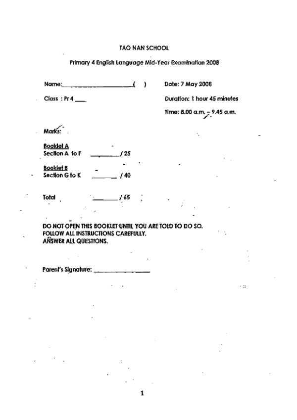 Tao Nan P4 Eng WA2 2008 exam paper PDF preview
