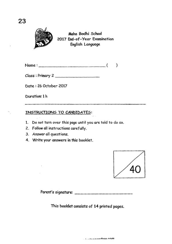 Maha Bodhi P2 Eng SA2 2017 exam paper PDF preview