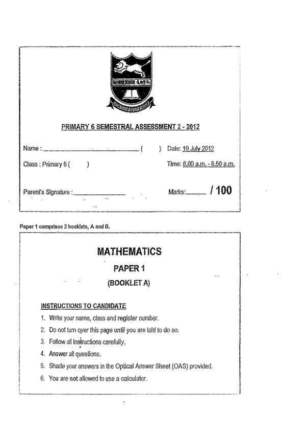 Tao Nan P6 Math SA2 2012 exam paper PDF preview