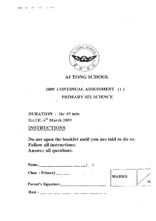 Ai Tong P6 Sci WA1 2009 exam paper PDF preview