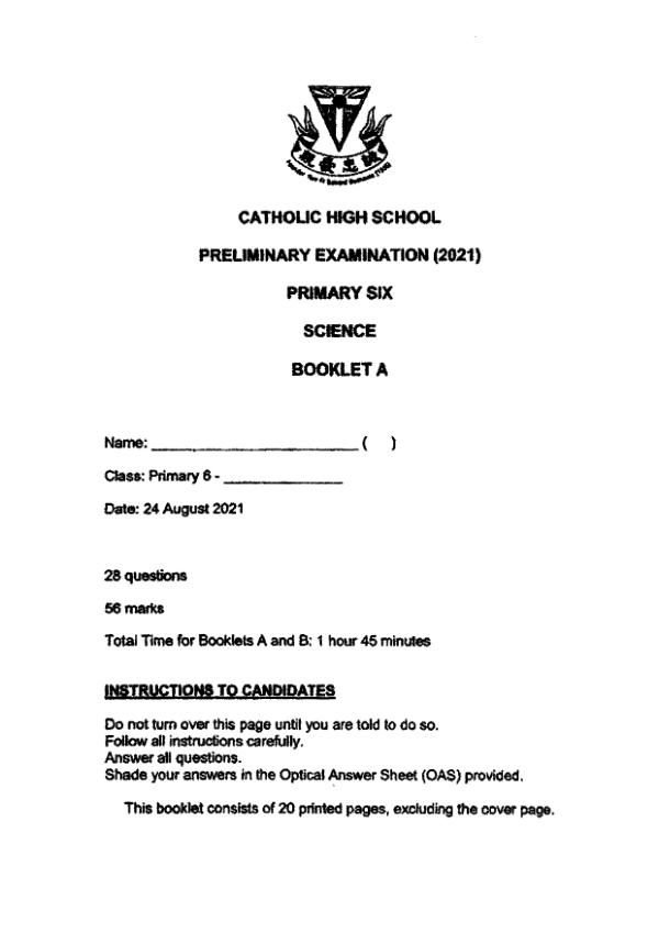 Catholic High P6 Sci SA2 2021 exam paper PDF first page preview