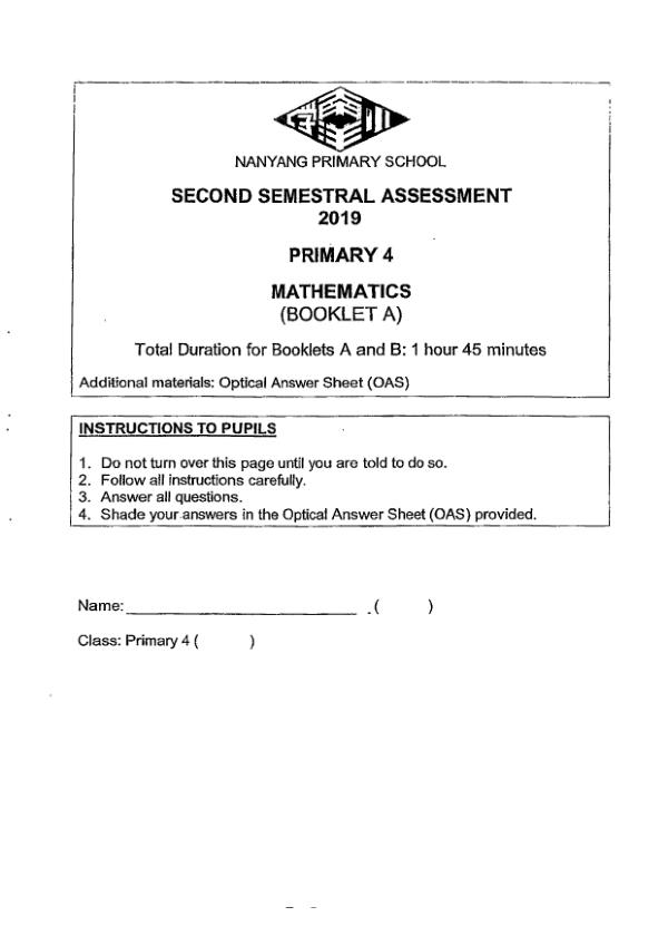 First page preview of P4 Math 2019 SA2 — Nanyang