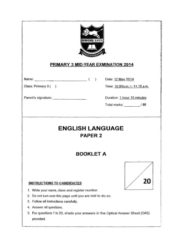 Tao Nan P3 Eng WA2 2014 exam paper PDF first page preview