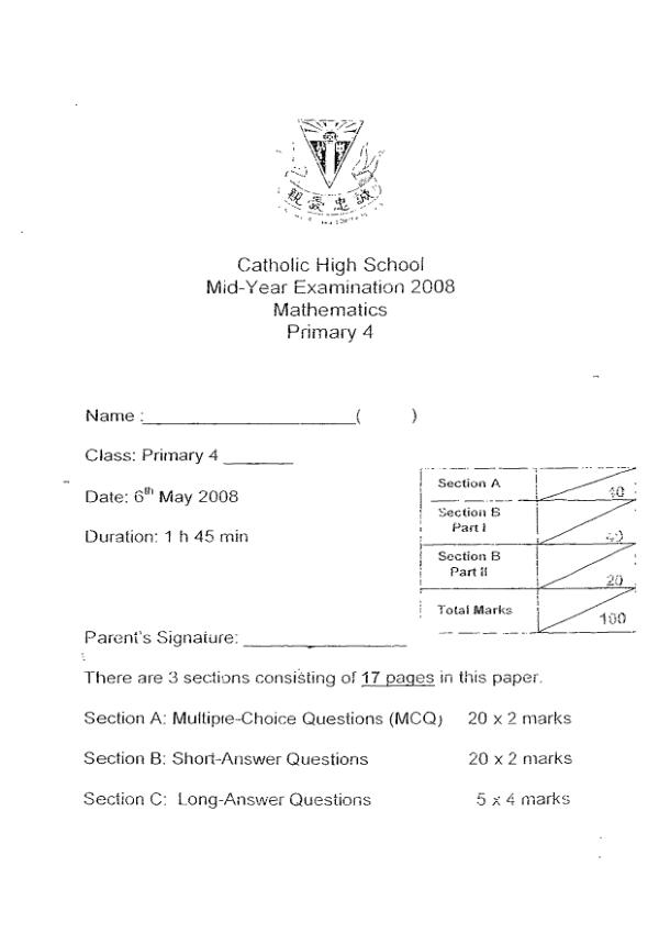 Catholic High P4 Math WA2 2008 exam paper PDF preview