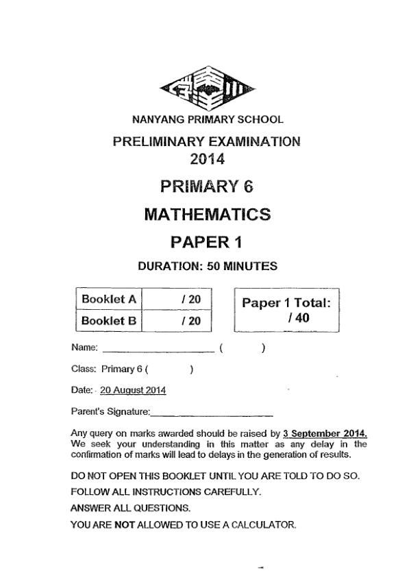 Nanyang P6 Math SA2 2014 exam paper PDF preview