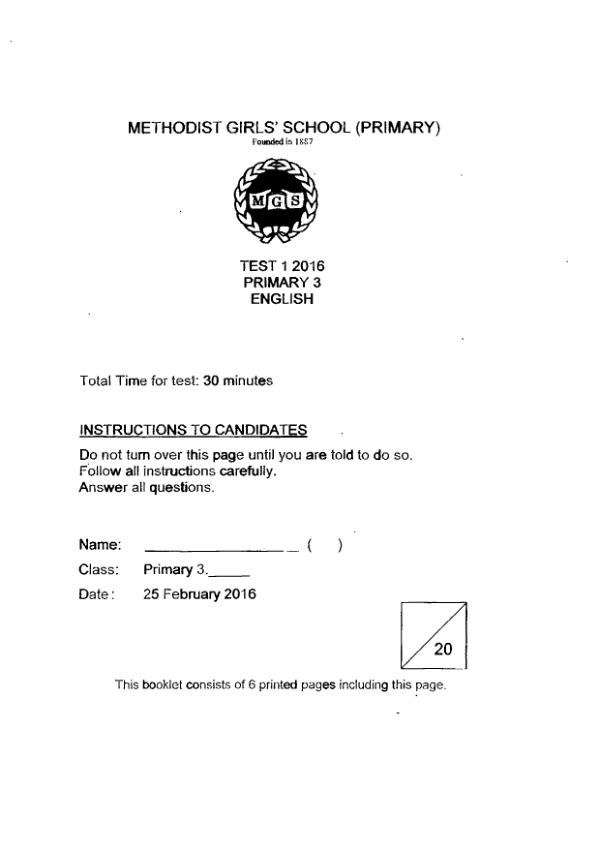 Methodist Girls P3 Eng WA1 2016 exam paper PDF preview