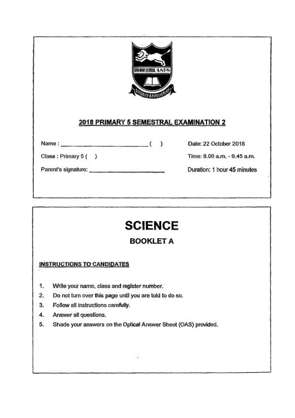 Tao Nan P5 Sci SA2 2018 exam paper PDF first page preview