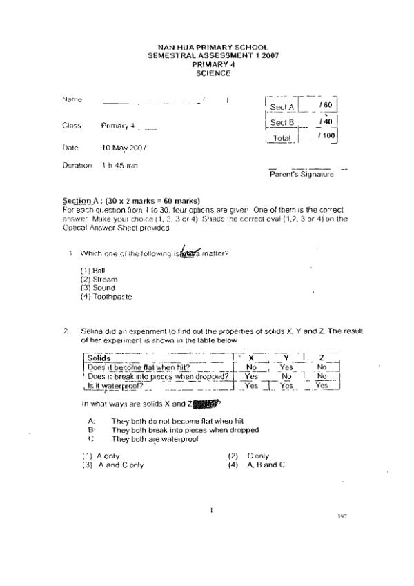 Nan Hua P4 Sci WA2 2007 exam paper PDF preview