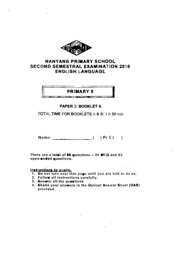 Nanyang P5 Eng SA2 2016 exam paper PDF first page preview