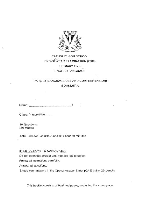 Catholic High P5 Eng SA2 2008 exam paper PDF preview