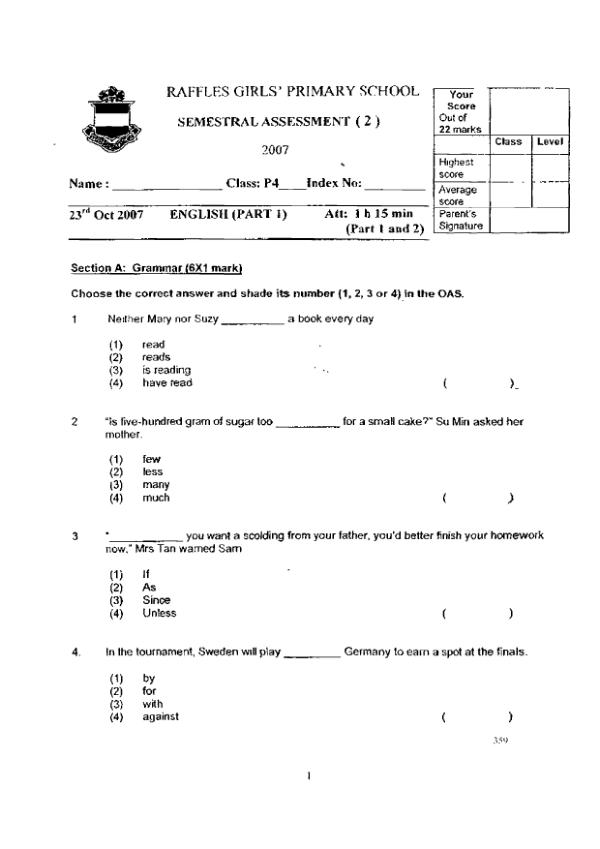 Raffles Girls P4 Eng SA2 2007 exam paper PDF preview