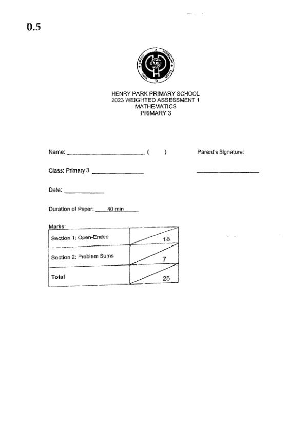 First page preview of P3 Math 2023 WA1 — Henry Park