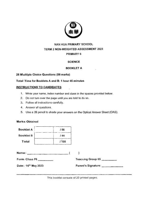 First page preview of P6 Sci 2023 WA2 — Nan Hua