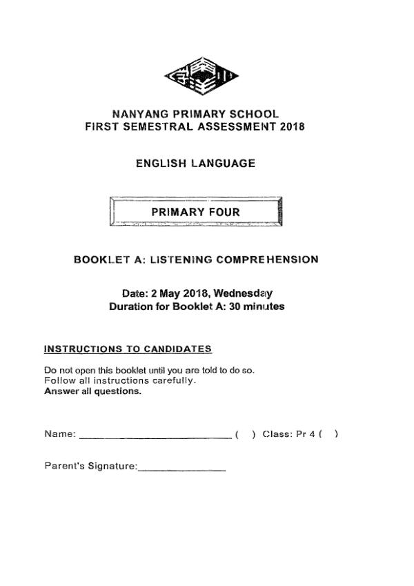 Nanyang P4 Eng WA2 2018 exam paper PDF first page preview